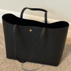 Tory Burch Black Leather Tote with Gold Logo